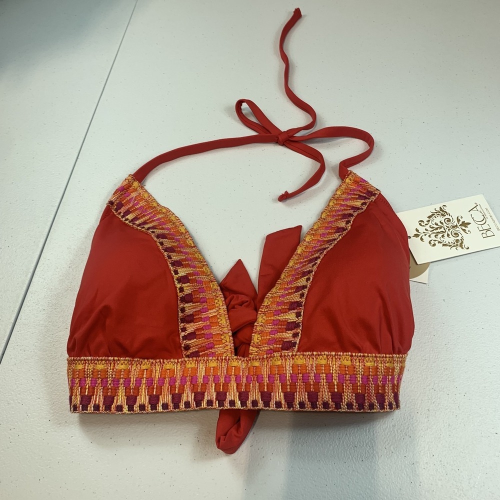 Becca Womens Bikini Top Swim American Fire Red Embroidered Halter D Cup